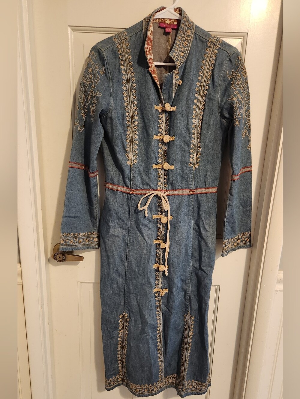 Embroidered Denim Long Jacket Coat - Blue, Size 8